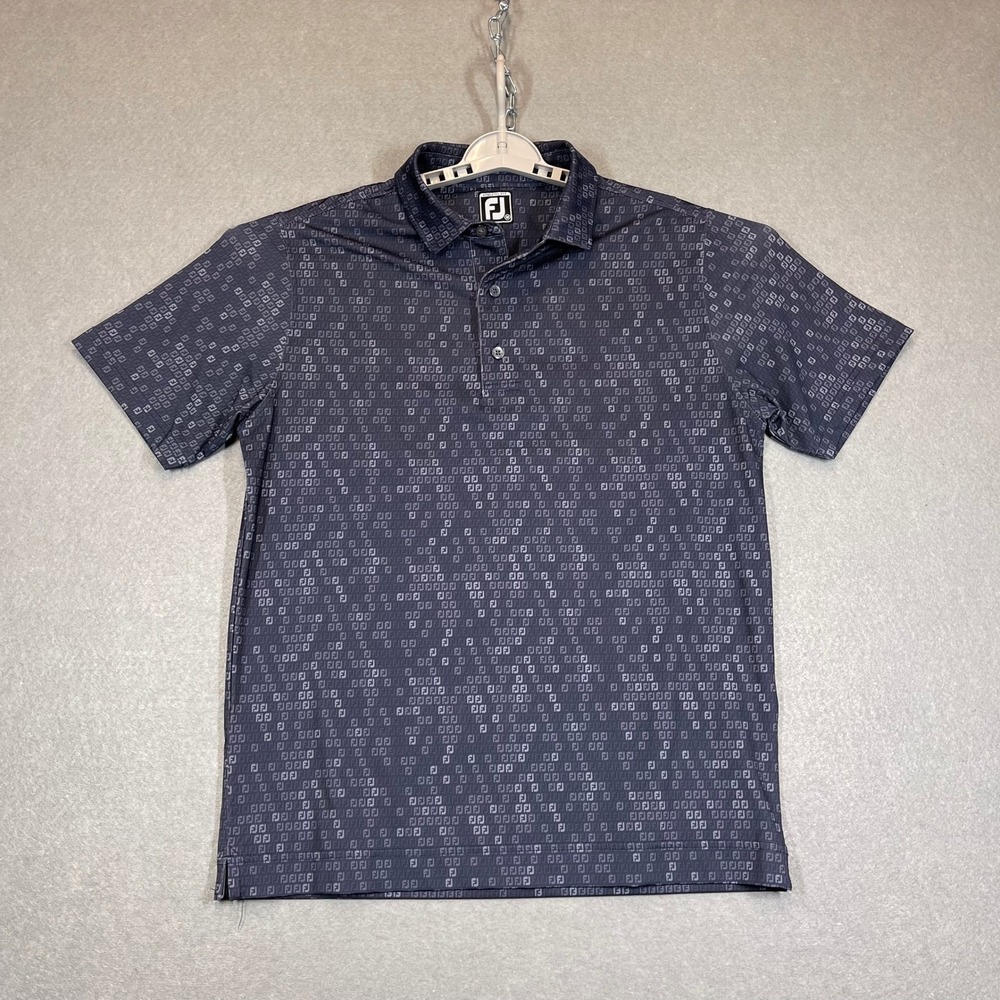 FootJoy Polo Shirt Mens Medium Blue FJ Logo All Over Print AOP Performance Golf